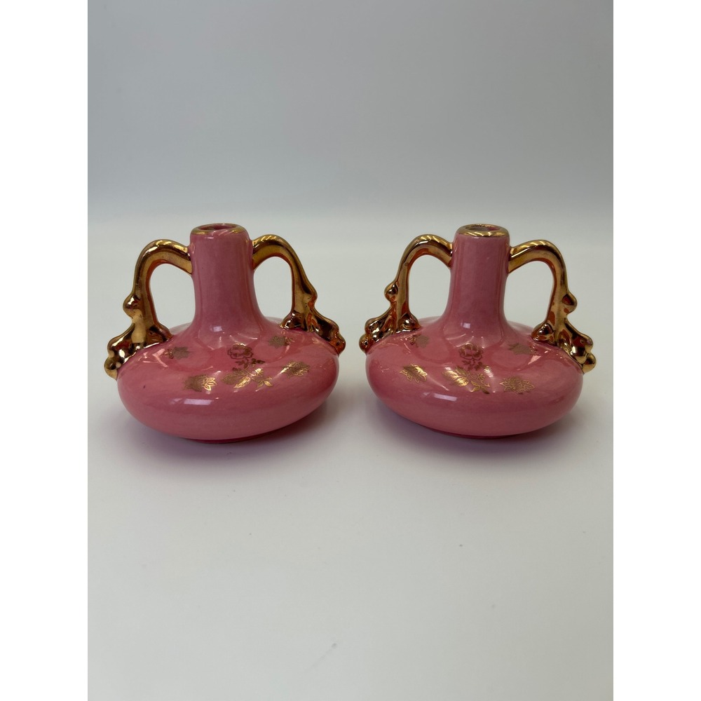 Vintage 2 Miniature Bud Vases Pink Gold Floral Whimsical Ceramic Double Handles